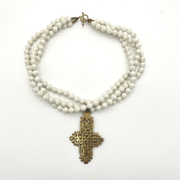 Akola Project Uganda Paper Bead Three Strand Cross Pendant Necklace - Picture 1 of 5